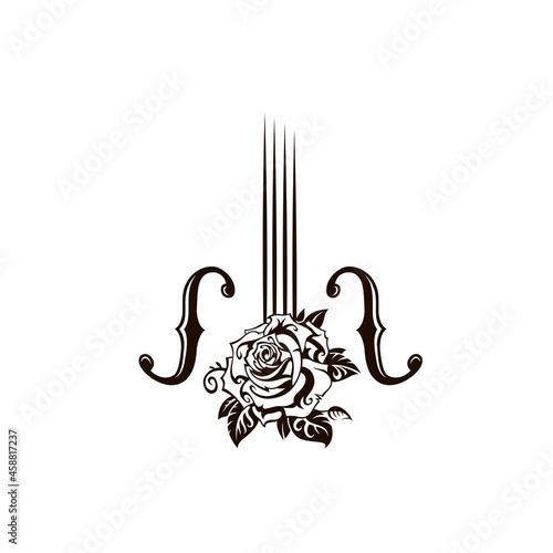 abstract icon of violin and rose isolated on white background