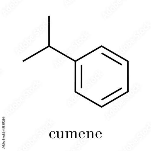 Cumene (isopropylbenzene) aromatic hydrocarbon molecule. Skeletal formula.