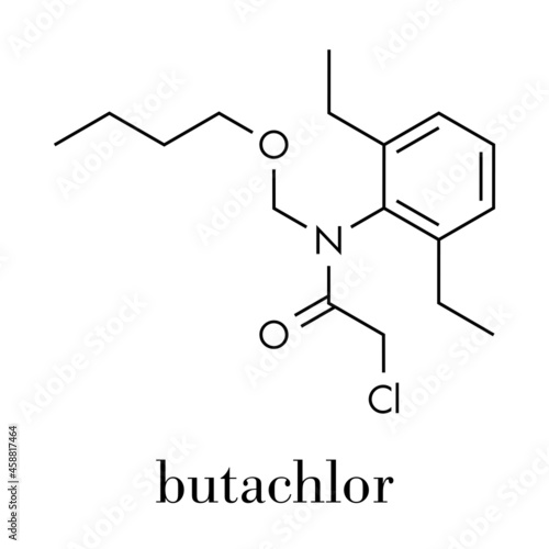 Butachlor herbicide molecule. Skeletal formula.