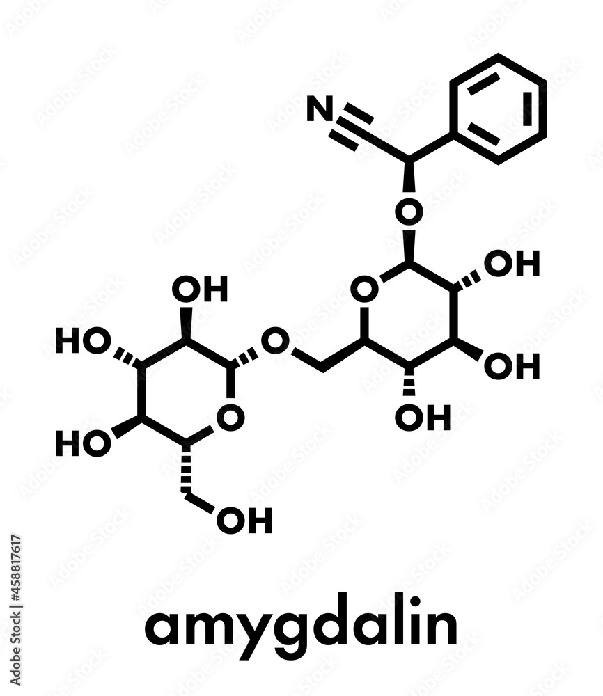 Amygdalin herbal molecule. Found in many plants including bitter almonds. Skeletal formula.