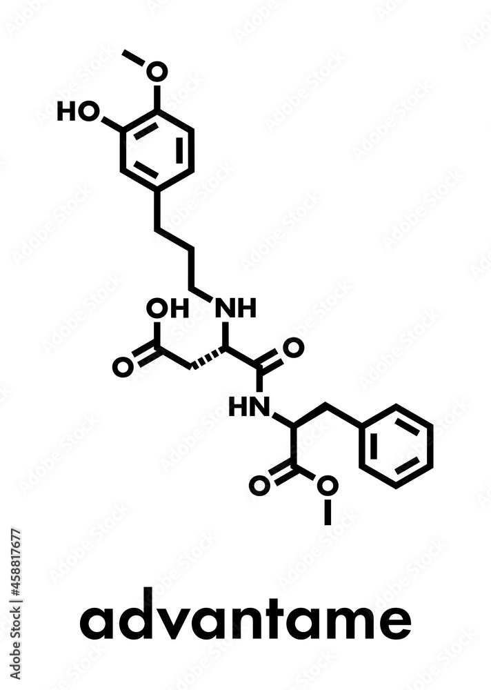 Advantame (E969) sugar substitute molecule. Skeletal formula. Advantame (E969) sugar substitute molecule. Skeletal formula.