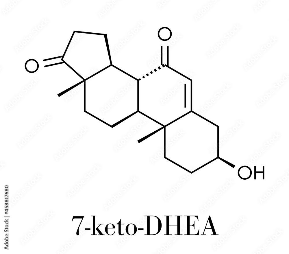 7-Ketodehydroepiandrosterone or 7-keto-DHEA molecule. Skeletal formula. 7-Ketodehydroepiandrosterone or 7-keto-DHEA molecule. Skeletal formula.