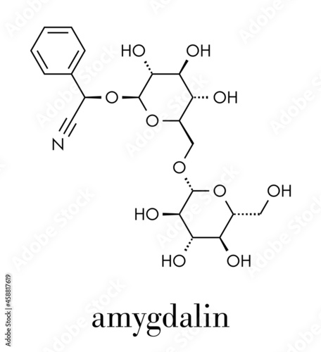Amygdalin herbal molecule. Found in many plants including bitter almonds. Skeletal formula.