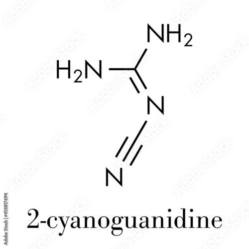 Dicyandiamide (2-cyanoguanidine, DCD) molecule. Used as fertilizer and in chemical synthesis. Skeletal formula.