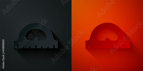 Paper cut Protractor grid for measuring degrees icon isolated on black and red background. Tilt angle meter. Measuring tool. Geometric symbol. Paper art style. Vector