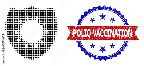 Halftone antivirus protection icon, and bicolor scratched Polio Vaccination seal stamp. Halftone antivirus protection icon is made with small round pixels. Vector seal with retro bicolored style,