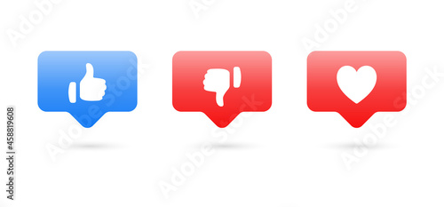 Like dislike love icons in speech bubble - Social media notification icons thumbs up thumb down heart icon button 