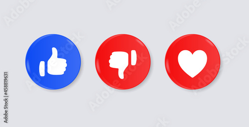 social media notification icons in modern buttons like dislike love icon - Thumbs up, thumb down, heart button
