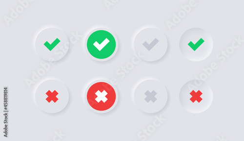 checkmark icon button in white neumorphism buttons - green tick and red cross icons symbols in modern neumorphic circle with shadow white background - ui ux user interface for apps and website