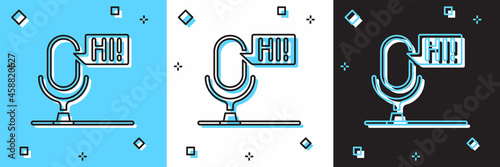 Set Microphone voice device icon isolated on blue and white, black background. Microphone interpreter and alphabet letters. Vector