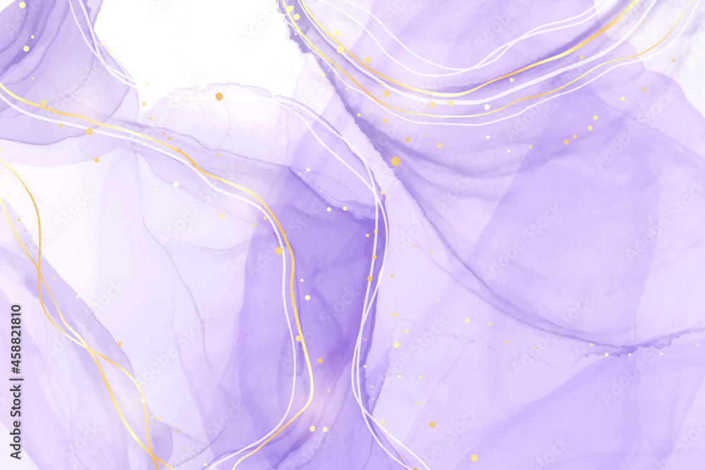 Abstract purple lavender liquid watercolor background with golden lines and dots. Pastel violet marble alcohol ink drawing effect. Vector illustration design template for wedding invitation