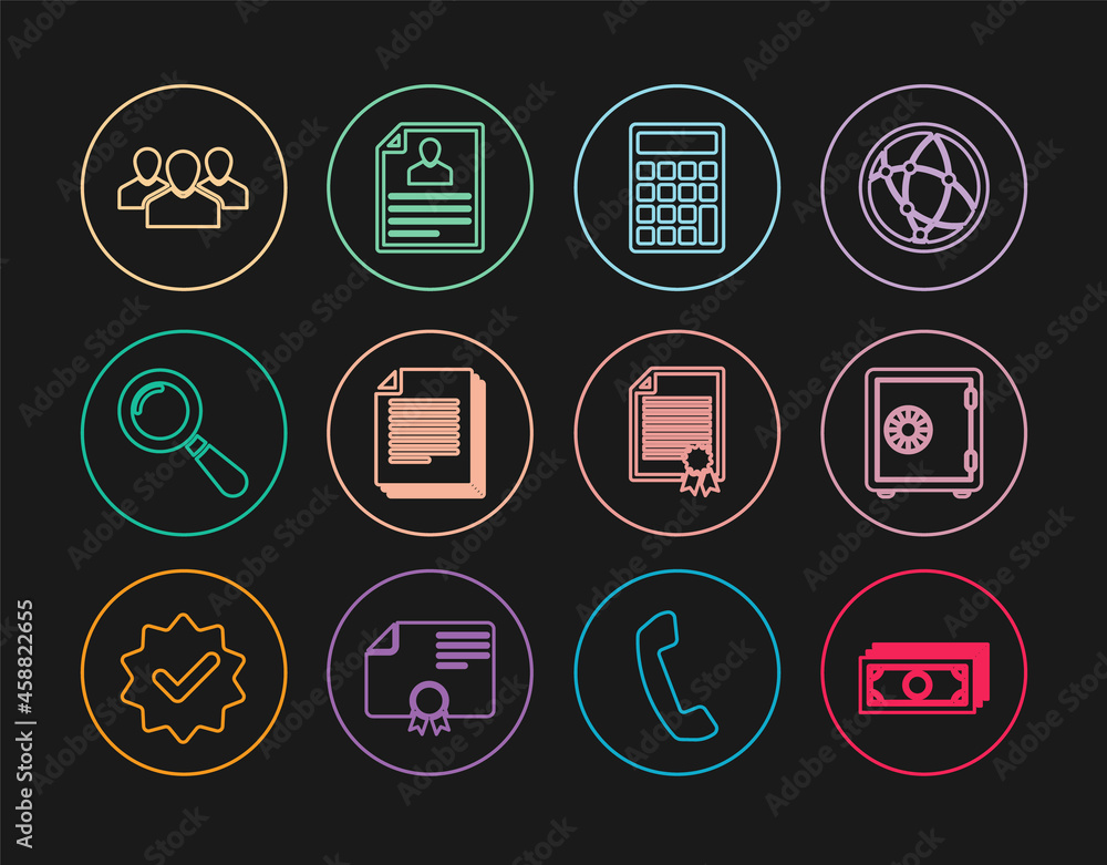 Set line Stacks paper money cash, Safe, Calculator, Document, Magnifying glass, Users group, Certificate template and Resume icon. Vector Set line Stacks paper money cash, Safe, Calculator, Document, Magnifying glass, Users group, Certificate template and Resume icon. Vector