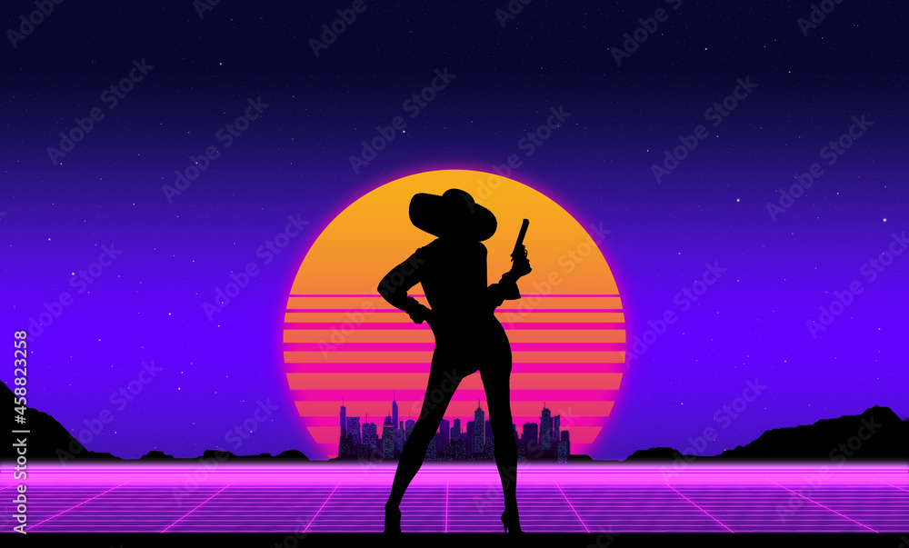 background with the evening sun and a silhouette of a woman with a revolver in the style of a retrowave in the neon sky with stars, the city on the horizon and a luminous grid background with the evening sun and a silhouette of a woman with a revolver in the style of a retrowave in the neon sky with stars, the city on the horizon and a luminous grid