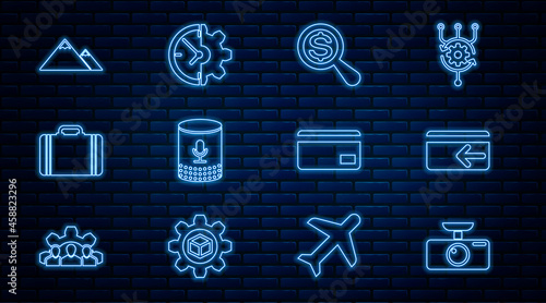 Set line Car DVR, Cash back, Magnifying glass and dollar, Voice assistant, Suitcase for travel, Mountains, Credit card and Clock gear icon. Vector