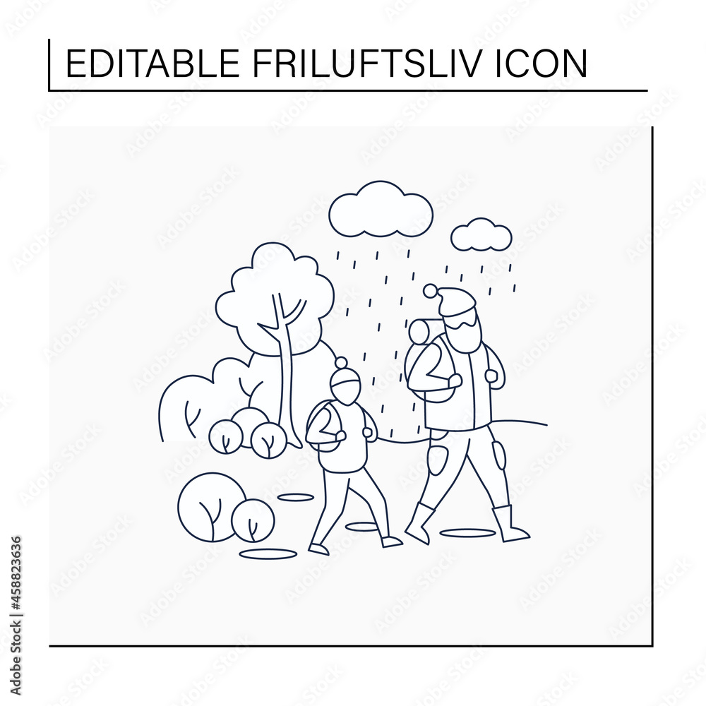 Friluftsliv line icon. Family hiking. Dad and son walking in rain. Park landscape.Nordic outdoor activities concept.Isolated vector illustration.Editable stroke