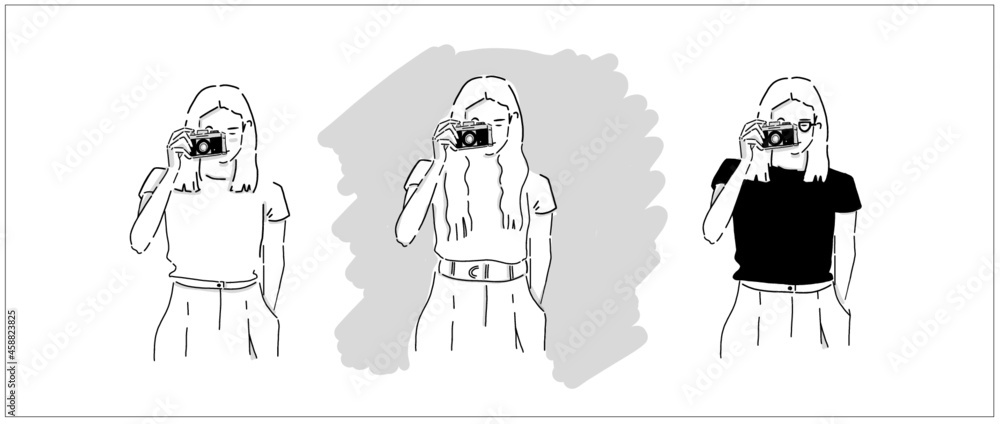 Simple vector illustration of photographers in variation. Holding an old camera and photo shooting. Female artists - Women photographers 