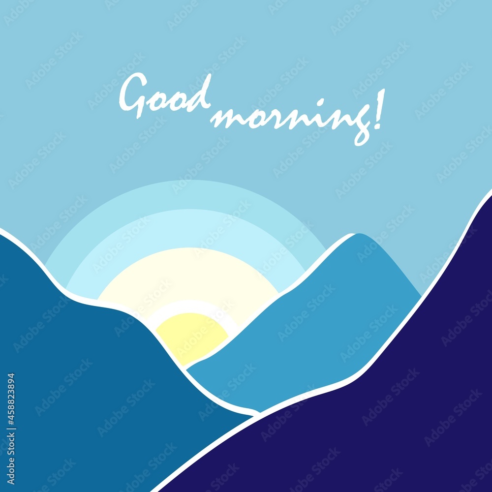 mountain landscape, sunrise in the mountains, good morning, sun and sunbeams in the sky behind a number of mountains, vacation in the mountains, look into the distance, design for a postcard mountain landscape, sunrise in the mountains, good morning, sun and sunbeams in the sky behind a number of mountains, vacation in the mountains, look into the distance, design for a postcard