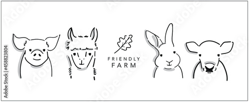 Friendly Farm animals in vector illustration. Hand-drawn digital graphic for party event, logo, sign etc. - Pig, Llama, Rabbit, Cow - 
