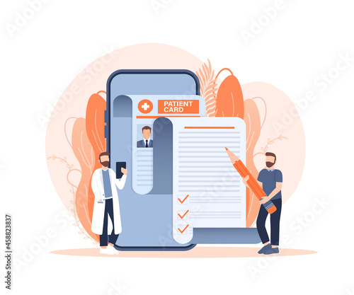 Patient card. Flat design vector illustration. Patient card with people and elements. Health care. Medical infographic.