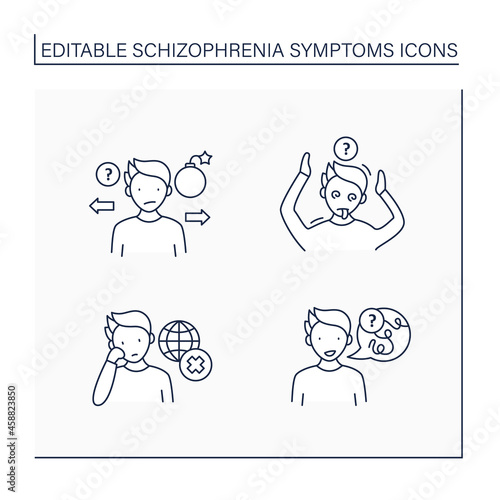 Schizophrenia symptoms line icons set. Speech difficulties, abnormalities, disinterest. Behaviors appear bizarre, unpredictable. Healthcare concept. Isolated vector illustrations.Editable stroke