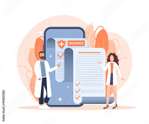 Vector illustration with health insurance concept. Big clipboard with doctor and woman. Healthcare, finance and medical service. Vector illustration in flat style.