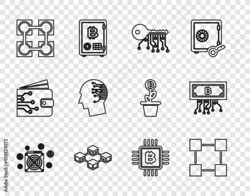 Set line ASIC Miner, Blockchain technology, Cryptocurrency key, Brain as digital circuit board, CPU mining farm and bitcoin with icon. Vector
