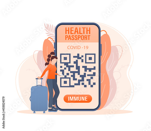 Mobile phone with immune digital health passport for covid-19. Green icon. Isometric concept. Covid pcr test vector icon. Vector isometric illustration.