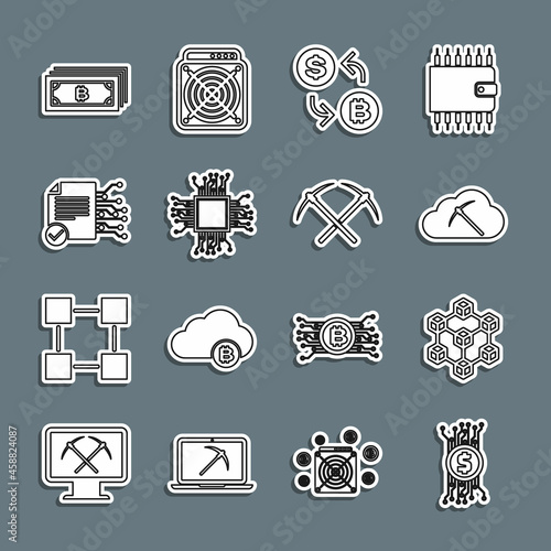 Set line Cryptocurrency bitcoin in circuit, Blockchain technology, cloud mining, exchange, Processor, Smart contract, and Crossed pickaxe icon. Vector