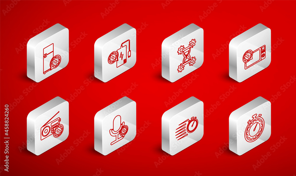 Set line Time management setting, Power bank, Hourglass, Microwave oven, Stopwatch, Refrigerator, Microphone and Radio icon. Vector Set line Time management setting, Power bank, Hourglass, Microwave oven, Stopwatch, Refrigerator, Microphone and Radio icon. Vector