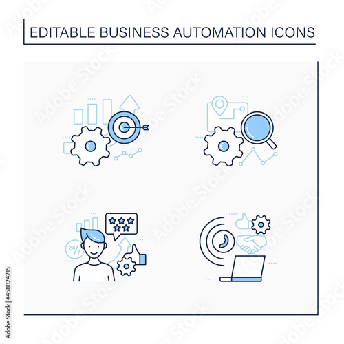 Business automation line icons set. Customer service, accuracy improved, tracking process, technology integration. Business optimization concept.Isolated vector illustrations.Editable stroke