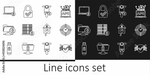Set line Cyber security, Time Management, Electric scooter, Server with lock, FTP folder and, Laptop, Retro wall watch and Lock check mark icon. Vector