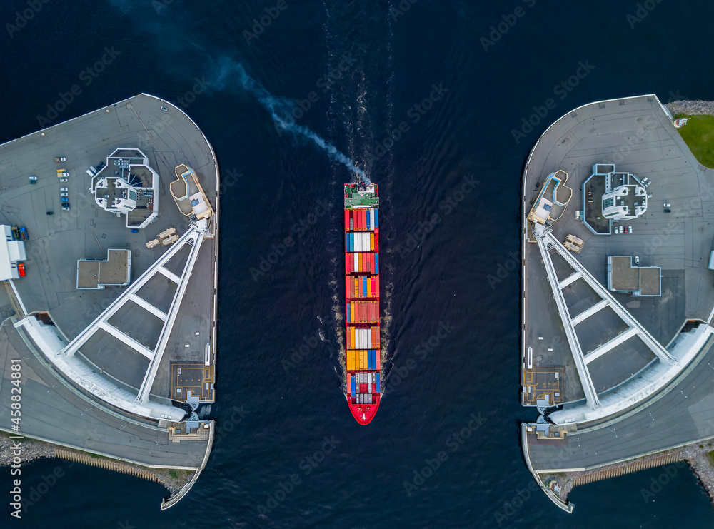 a container ship leaves the port. Saint Petersburg, Russia 2021