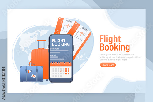 Flyer design for promotion design. Flight tickets online booking illustration landing page. Flat design vector illustration. Travel vector icon.