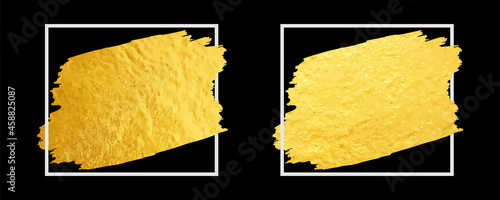 Gold brushstroke. Set of vector template with hand drawn golden texture and white frame. Stain of metallic paint on a black background. Sticker, flyer. Gold paint. Luxury backdrop. Empty blank.