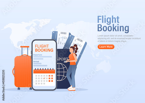 Flyer design for promotion design. Flight tickets online booking illustration landing page. Flat design vector illustration. Travel vector icon.