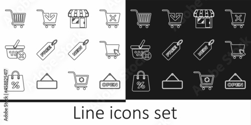 Set line Hanging sign with Open door, Shopping cart cursor, Market store, Price tag Free, Remove shopping basket, New and Add icon. Vector