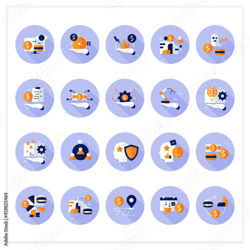 Asset management flat icons set. Financial resources. Monitoring accounts. Identification, evaluation.Control.Business concept. Isolated vector illustrations