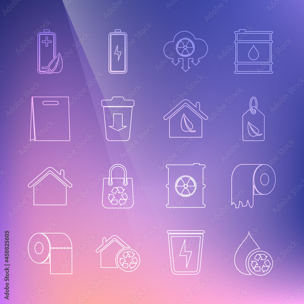 Set line Recycle clean aqua, Toilet paper roll, Tag with leaf, Acid rain and radioactive cloud, Send to the trash, Shopping bag, Eco nature battery and friendly house icon. Vector Set line Recycle clean aqua, Toilet paper roll, Tag with leaf, Acid rain and radioactive cloud, Send to the trash, Shopping bag, Eco nature battery and friendly house icon. Vector