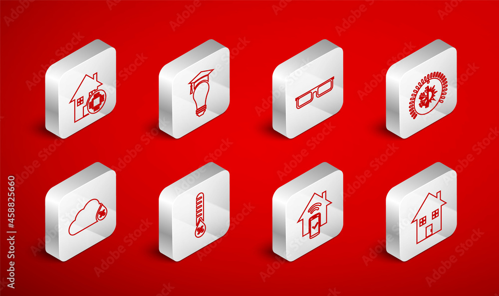 Set line House, Light bulb and graduation cap, Glasses, Thermostat, Smart home remote control system, Humidity and icon. Vector Set line House, Light bulb and graduation cap, Glasses, Thermostat, Smart home remote control system, Humidity and icon. Vector