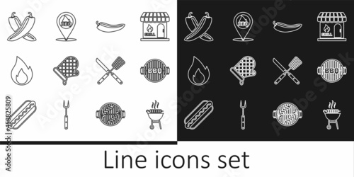 Set line Barbecue grilled shish kebab, Hot chili pepper pod, Oven glove, Fire flame, Crossed hot, knife and spatula and Location with barbecue icon. Vector