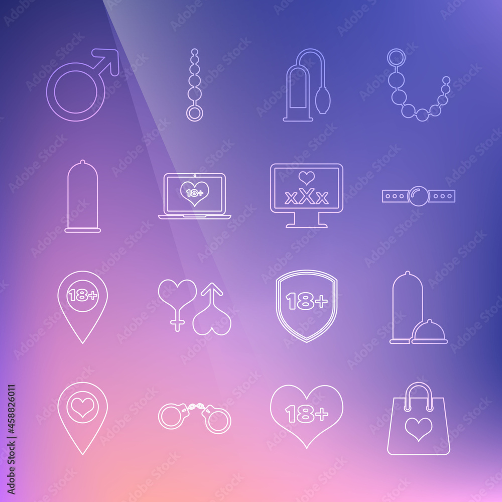 Set line Shopping bag with heart, Condoms safe sex, Silicone ball gag, Penis pump, Laptop 18 plus content, Male gender symbol and Monitor icon. Vector Set line Shopping bag with heart, Condoms safe sex, Silicone ball gag, Penis pump, Laptop 18 plus content, Male gender symbol and Monitor icon. Vector