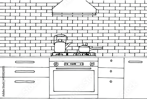 Kitchen coloring page with oven, stove hood, cooker. Brick wall, kitchen furniture. 