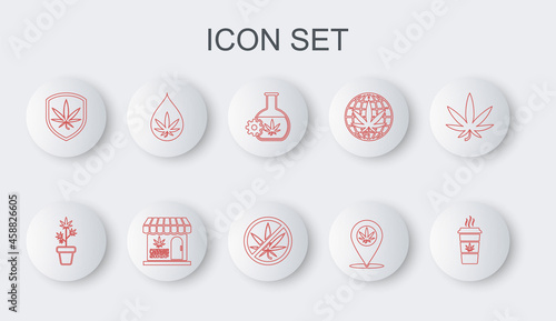 Set line Cup coffee with marijuana, Marijuana plant in pot, Test tube, Location and, Shield, or cannabis leaf oil, store and Stop icon. Vector