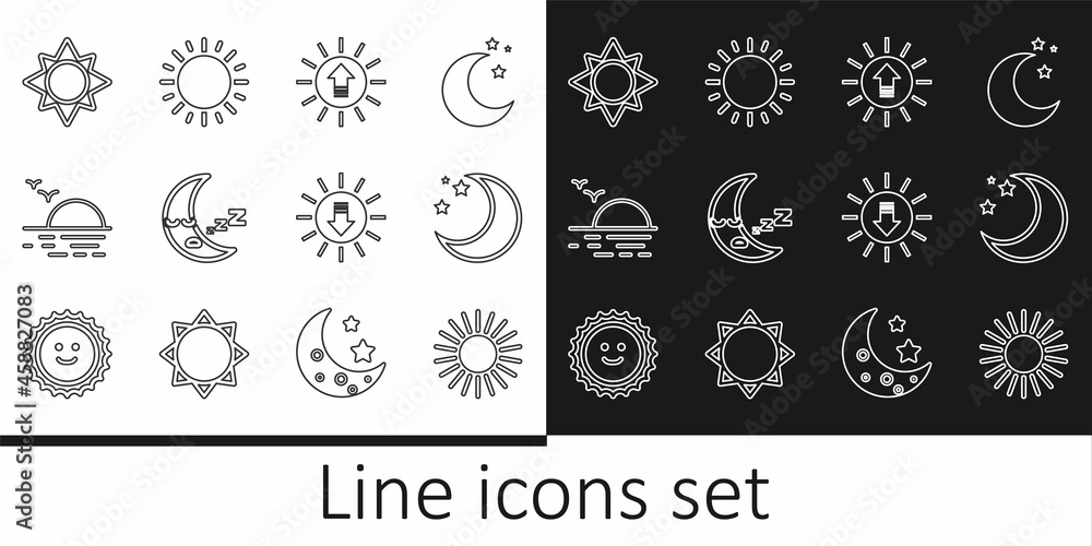 Set line Sun, Moon and stars, Sunset, icon, and icon. Vector Set line Sun, Moon and stars, Sunset, icon, and icon. Vector