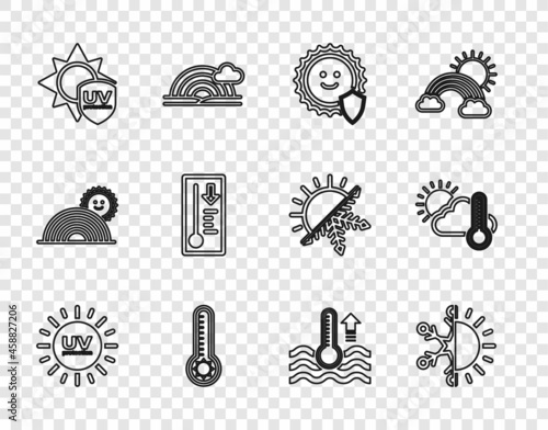 Set line UV protection, Sun and snowflake, Meteorology thermometer, Water and Thermometer cloud, sun icon. Vector