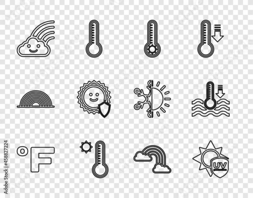 Set line Fahrenheit, UV protection, Meteorology thermometer, Rainbow with cloud, clouds and Water icon. Vector