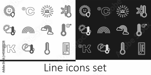 Set line Meteorology thermometer, UV protection, Rainbow, Thermometer and cloud, sun, with clouds and Celsius icon. Vector