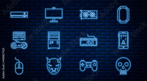 Set line Skull, Mobile and playing in game, Video graphic card, Computer, Game console with joystick, keyboard and monitor icon. Vector