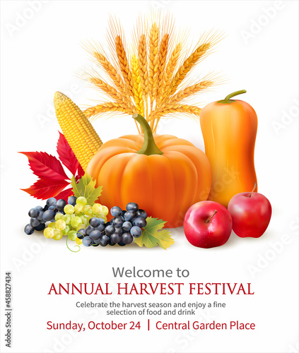 Harvest festival poster design with wheat, ripe fruits and pumpkins. Vector illustration.