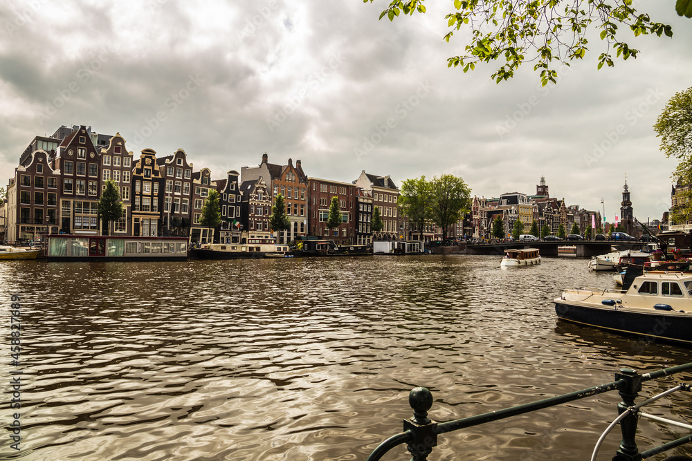 Amsterdam cityscape with Amstel river, Netherlands